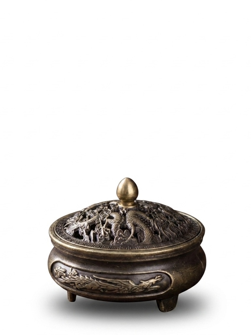 Ornate Brass Dragon Incense Burner - Antique Gold Finish